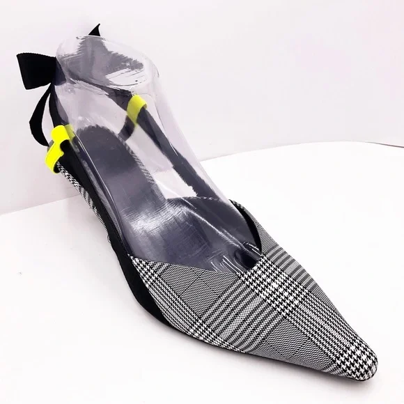 {Zara} Gray Plaid Slingback Bow Kitten Heels - Picture 4 of 16
